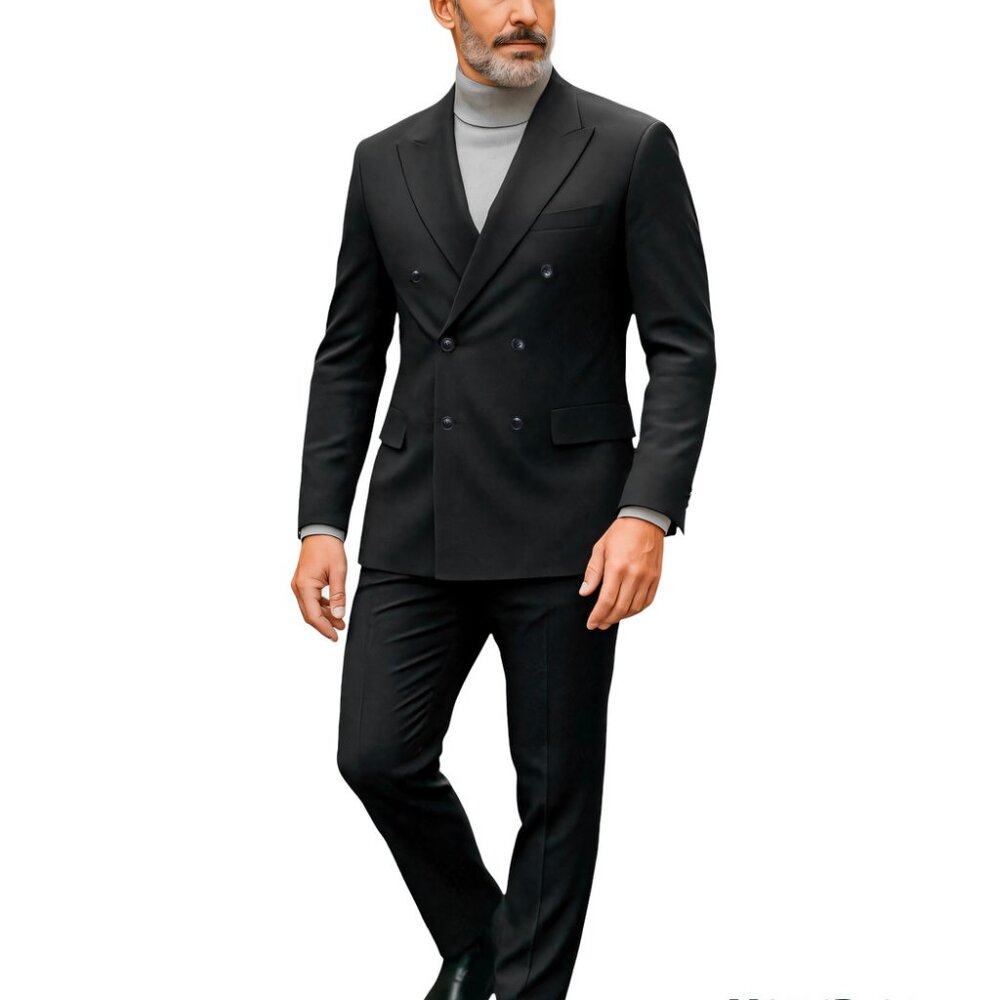 Solid Black Double Breasted Tailored Fit 2 Piece Azzuro Men's Suit